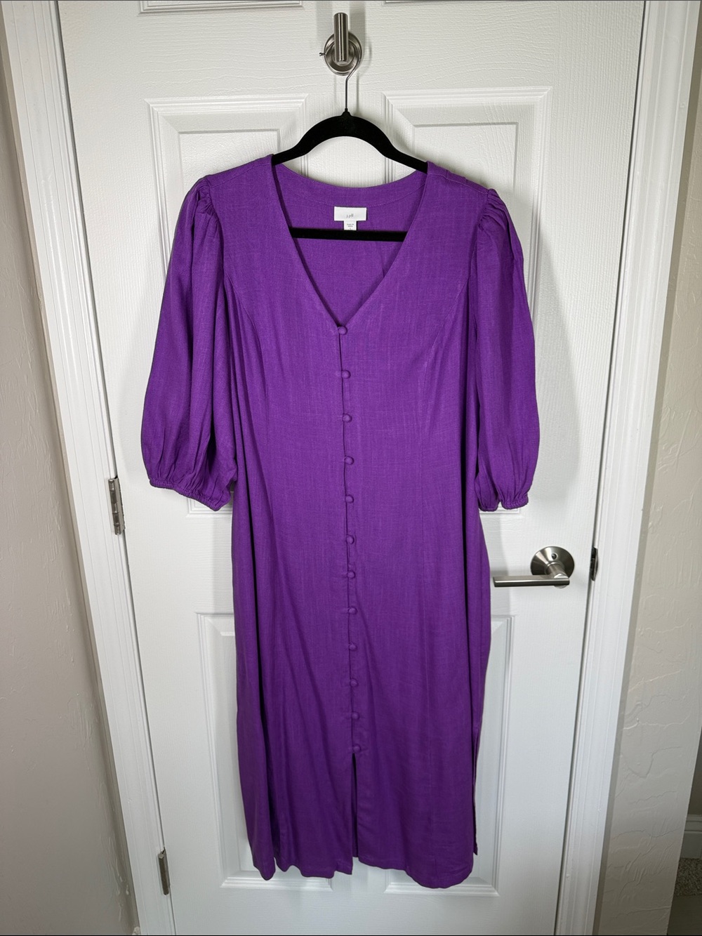 J Jill Purple Button-Front Midi Dress with Puff Sleeves size large petite